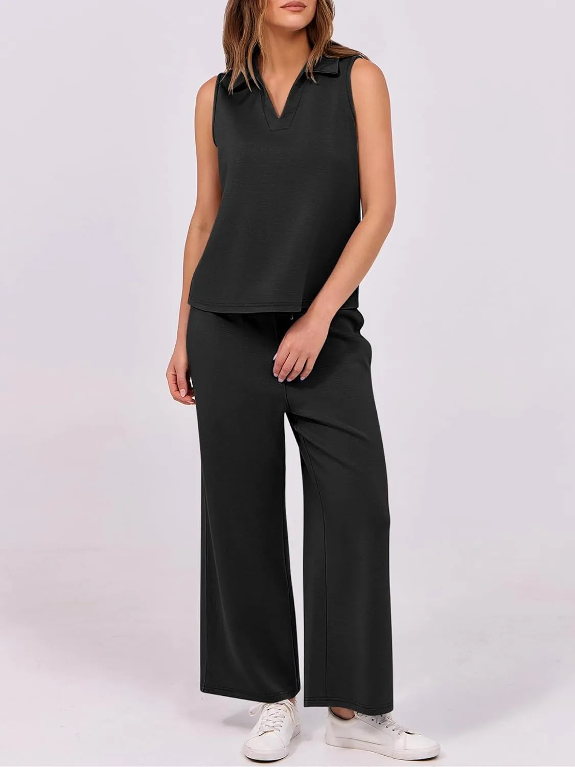 ANRABESS Two Piece Sets for Women Summer Outfits Lounge Sets Polo Tank Tops Wide Leg Crop Pants Vacation Travel Outfits