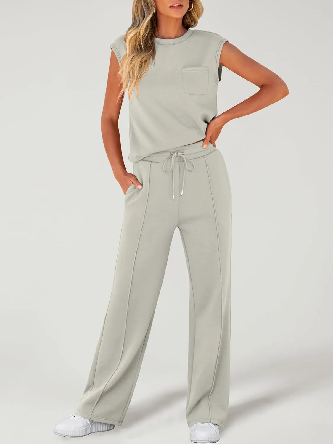 ANRABESS Two Piece Sets for Women Summer Sleeveless Sweatsuits Wide Leg Casual Lounge Set Matching Vacation Travel Outfits