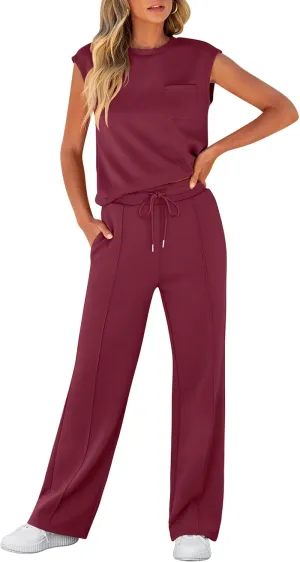ANRABESS Two Piece Sets for Women Summer Sleeveless Sweatsuits Wide Leg Casual Lounge Set Matching Vacation Travel Outfits