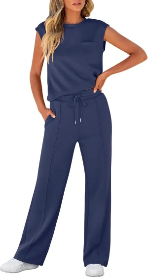 ANRABESS Two Piece Sets for Women Summer Sleeveless Sweatsuits Wide Leg Casual Lounge Set Matching Vacation Travel Outfits
