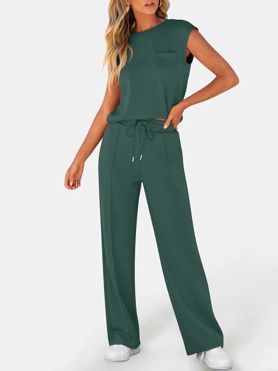 ANRABESS Two Piece Sets for Women Summer Sleeveless Sweatsuits Wide Leg Casual Lounge Set Matching Vacation Travel Outfits