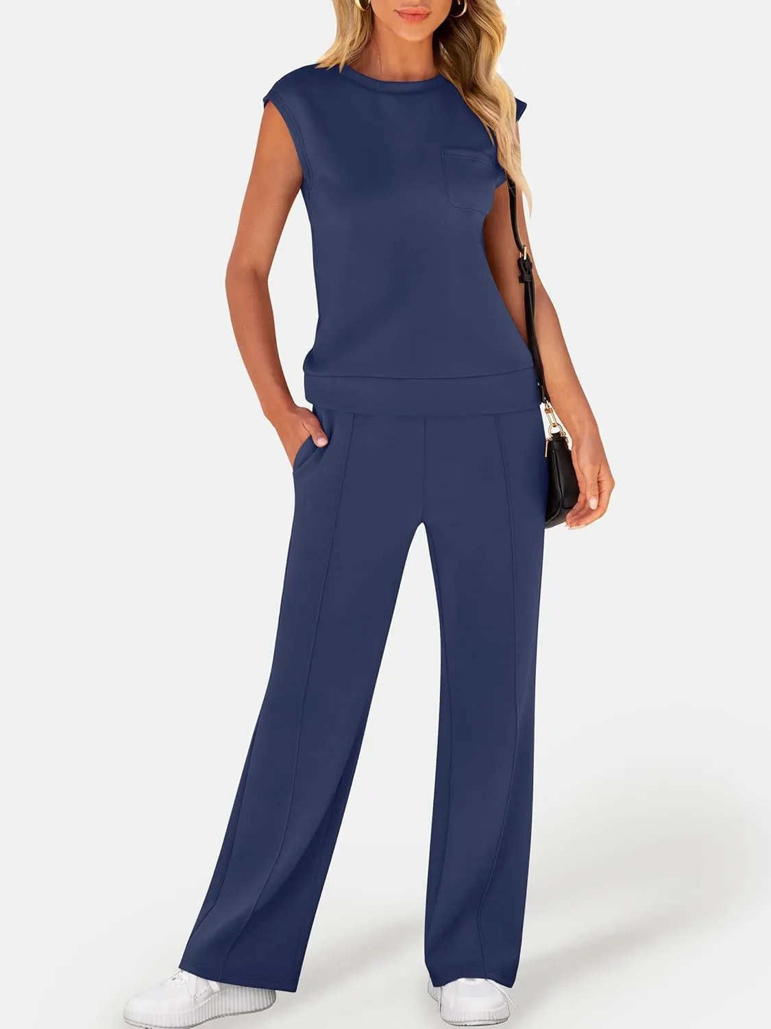 ANRABESS Two Piece Sets for Women Summer Sleeveless Sweatsuits Wide Leg Casual Lounge Set Matching Vacation Travel Outfits