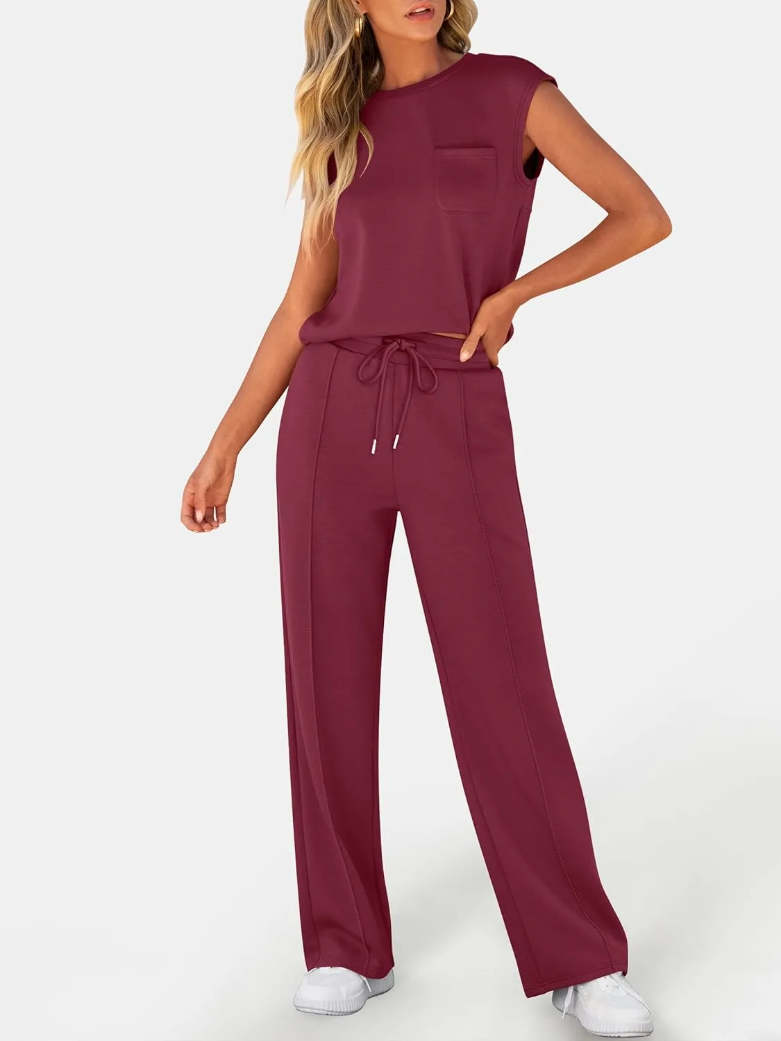 ANRABESS Two Piece Sets for Women Summer Sleeveless Sweatsuits Wide Leg Casual Lounge Set Matching Vacation Travel Outfits
