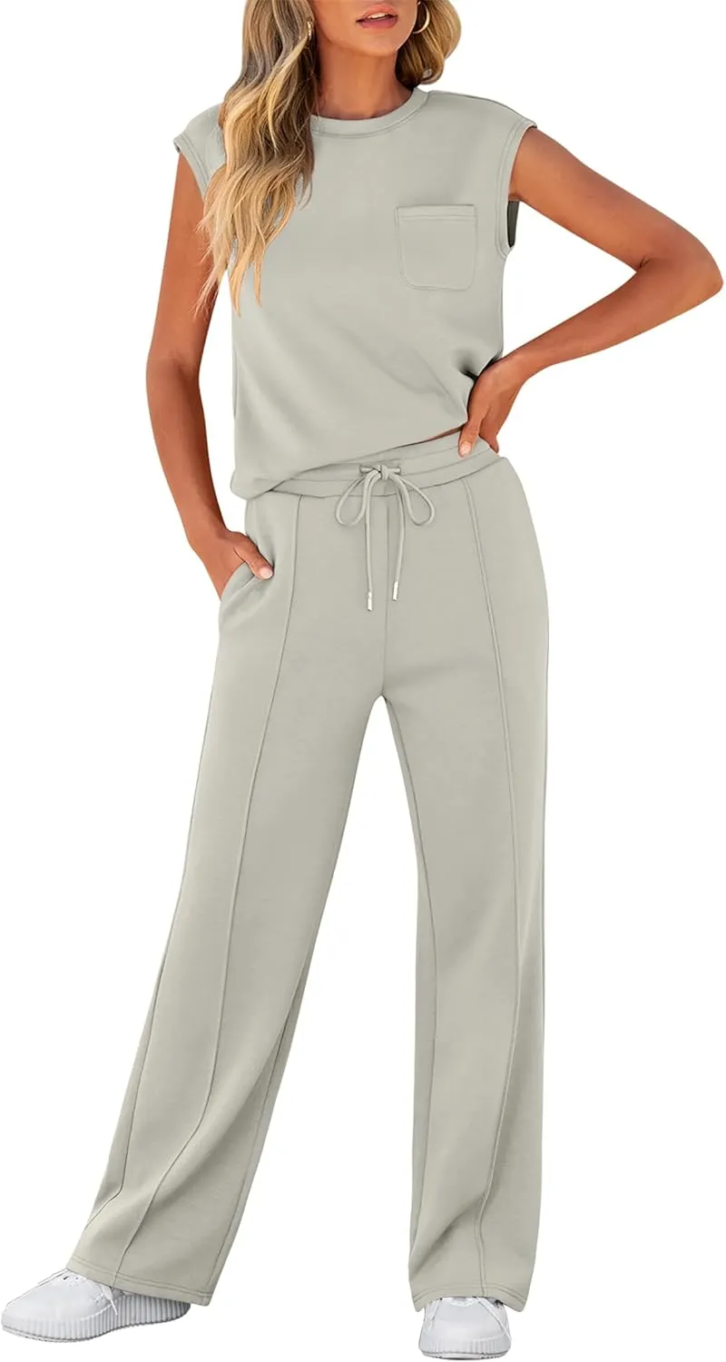 ANRABESS Two Piece Sets for Women Summer Sleeveless Sweatsuits Wide Leg Casual Lounge Set Matching Vacation Travel Outfits