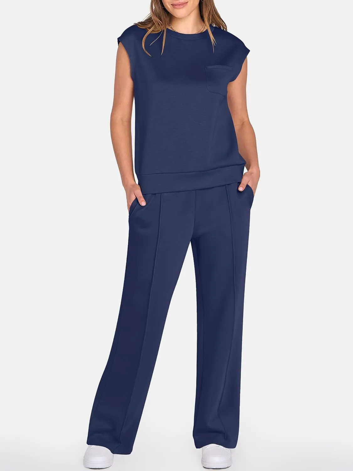 ANRABESS Two Piece Sets for Women Summer Sleeveless Sweatsuits Wide Leg Casual Lounge Set Matching Vacation Travel Outfits
