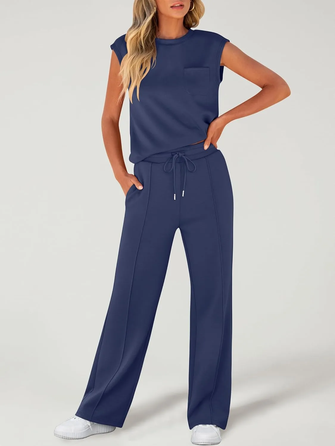 ANRABESS Two Piece Sets for Women Summer Sleeveless Sweatsuits Wide Leg Casual Lounge Set Matching Vacation Travel Outfits