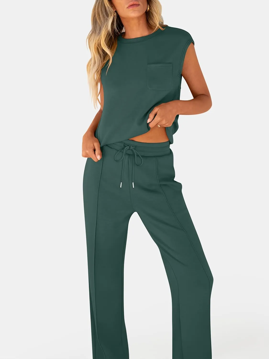 ANRABESS Two Piece Sets for Women Summer Sleeveless Sweatsuits Wide Leg Casual Lounge Set Matching Vacation Travel Outfits