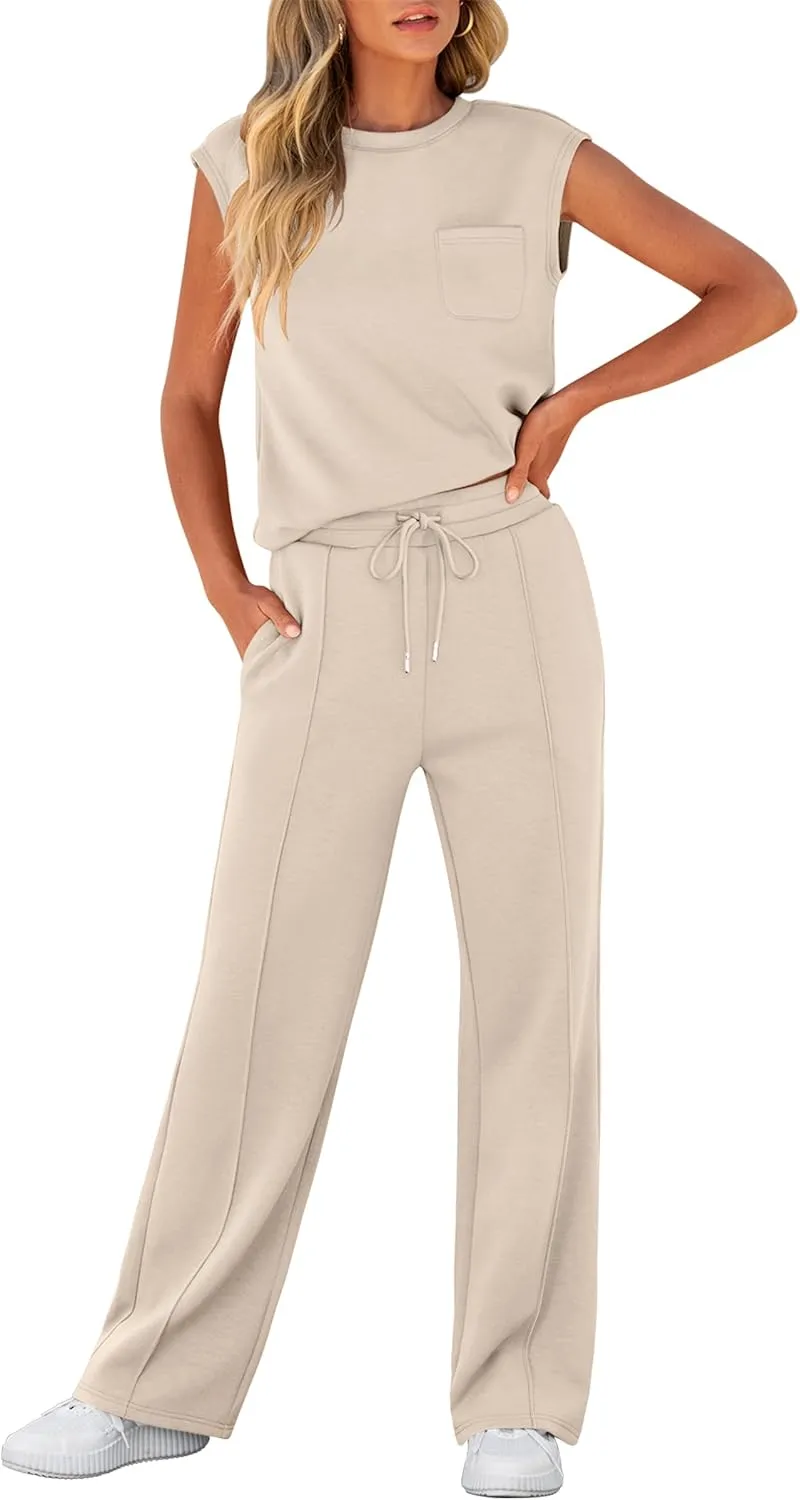 ANRABESS Two Piece Sets for Women Summer Sleeveless Sweatsuits Wide Leg Casual Lounge Set Matching Vacation Travel Outfits