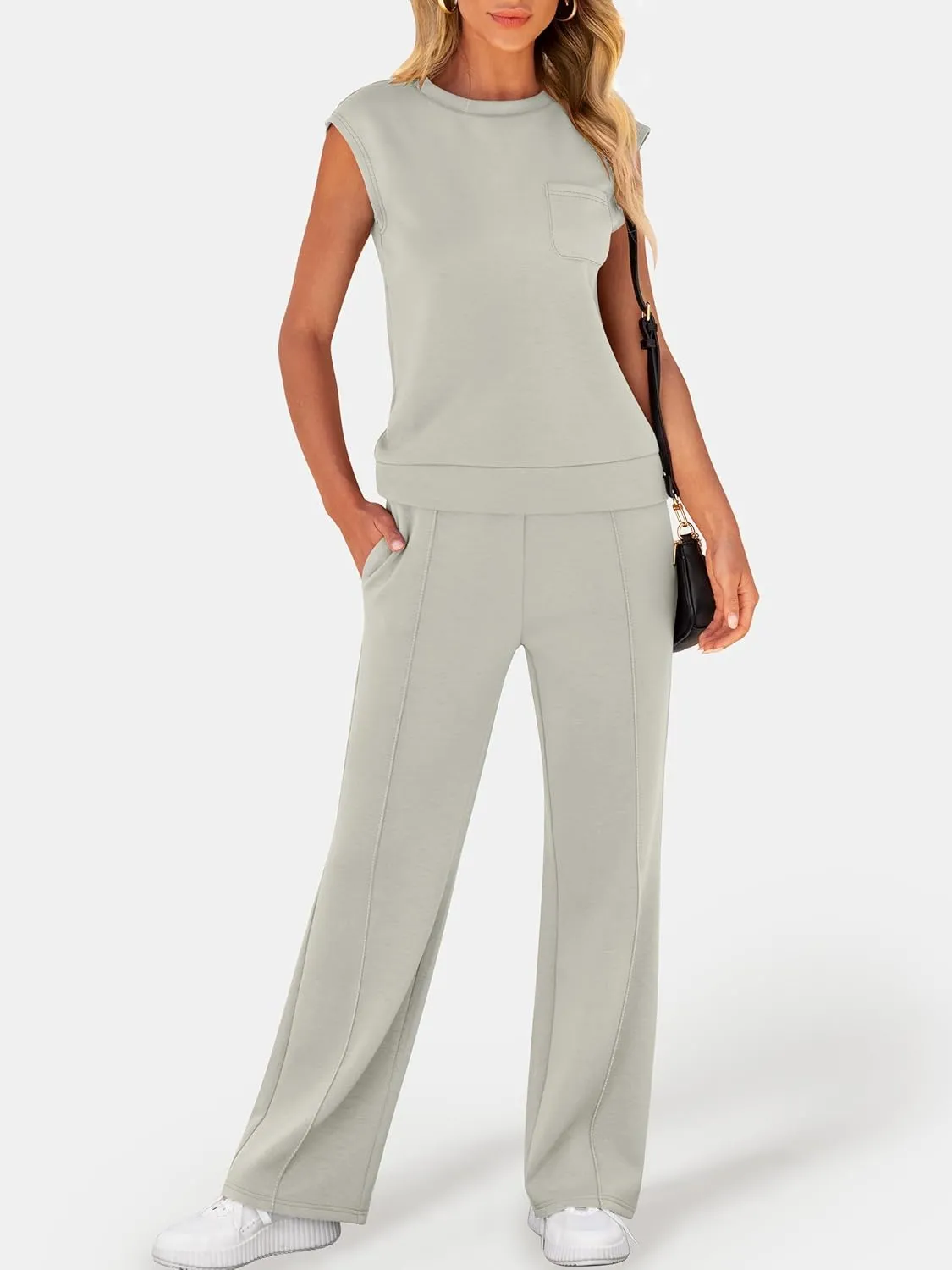 ANRABESS Two Piece Sets for Women Summer Sleeveless Sweatsuits Wide Leg Casual Lounge Set Matching Vacation Travel Outfits