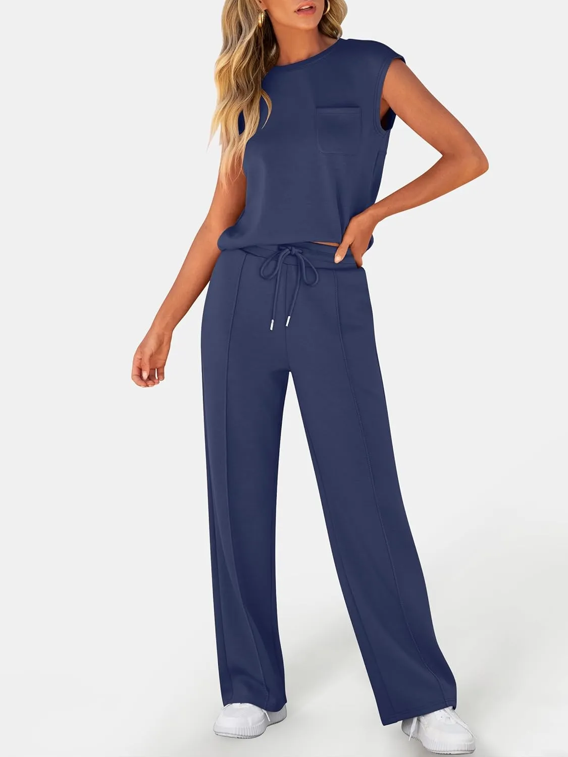 ANRABESS Two Piece Sets for Women Summer Sleeveless Sweatsuits Wide Leg Casual Lounge Set Matching Vacation Travel Outfits