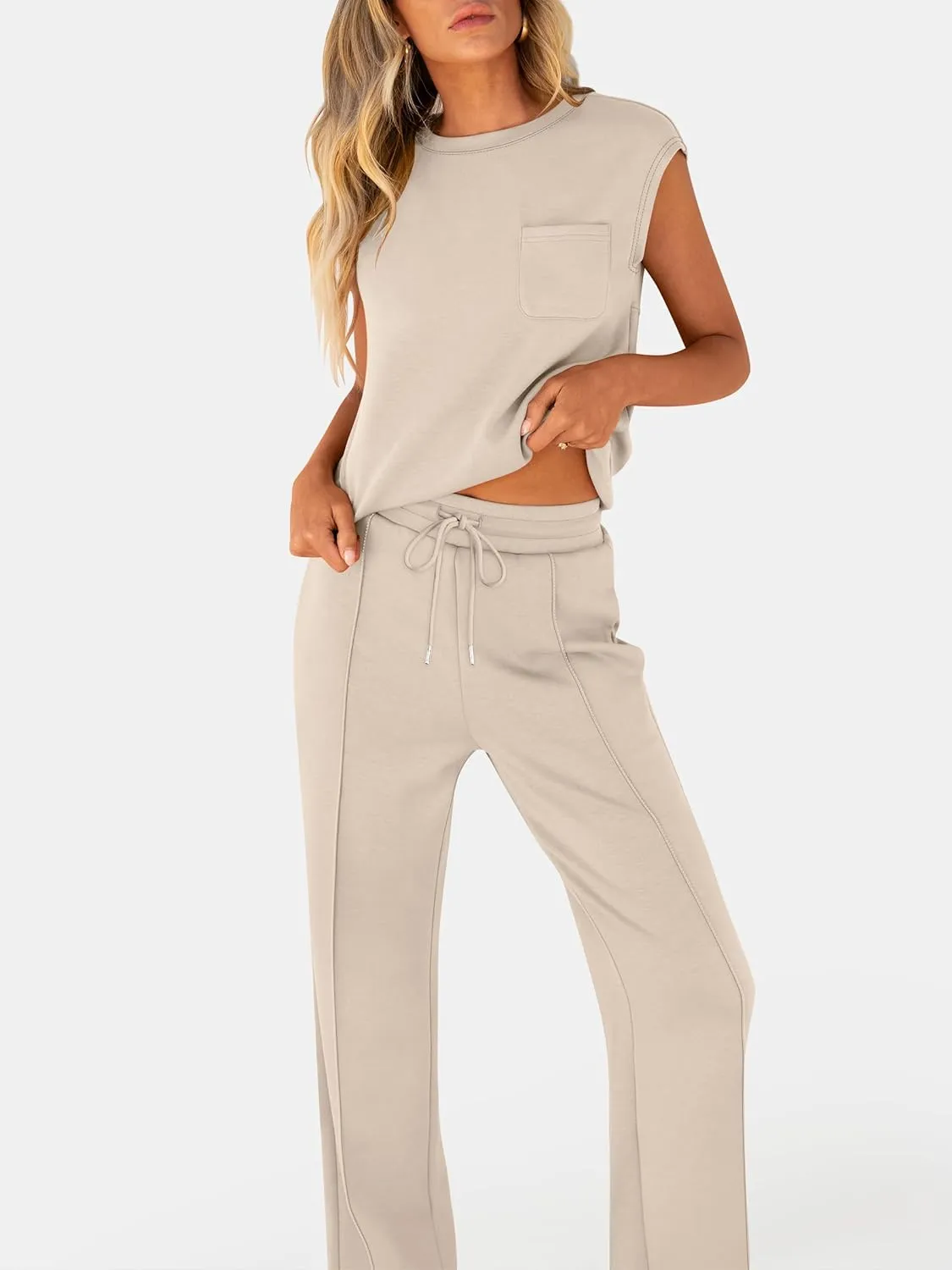 ANRABESS Two Piece Sets for Women Summer Sleeveless Sweatsuits Wide Leg Casual Lounge Set Matching Vacation Travel Outfits