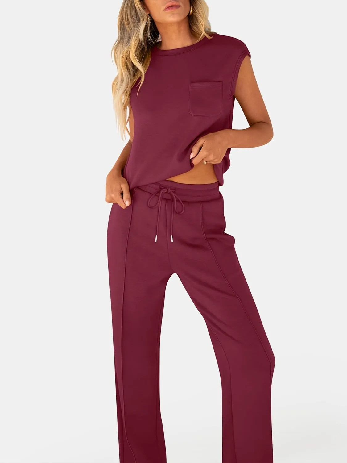 ANRABESS Two Piece Sets for Women Summer Sleeveless Sweatsuits Wide Leg Casual Lounge Set Matching Vacation Travel Outfits