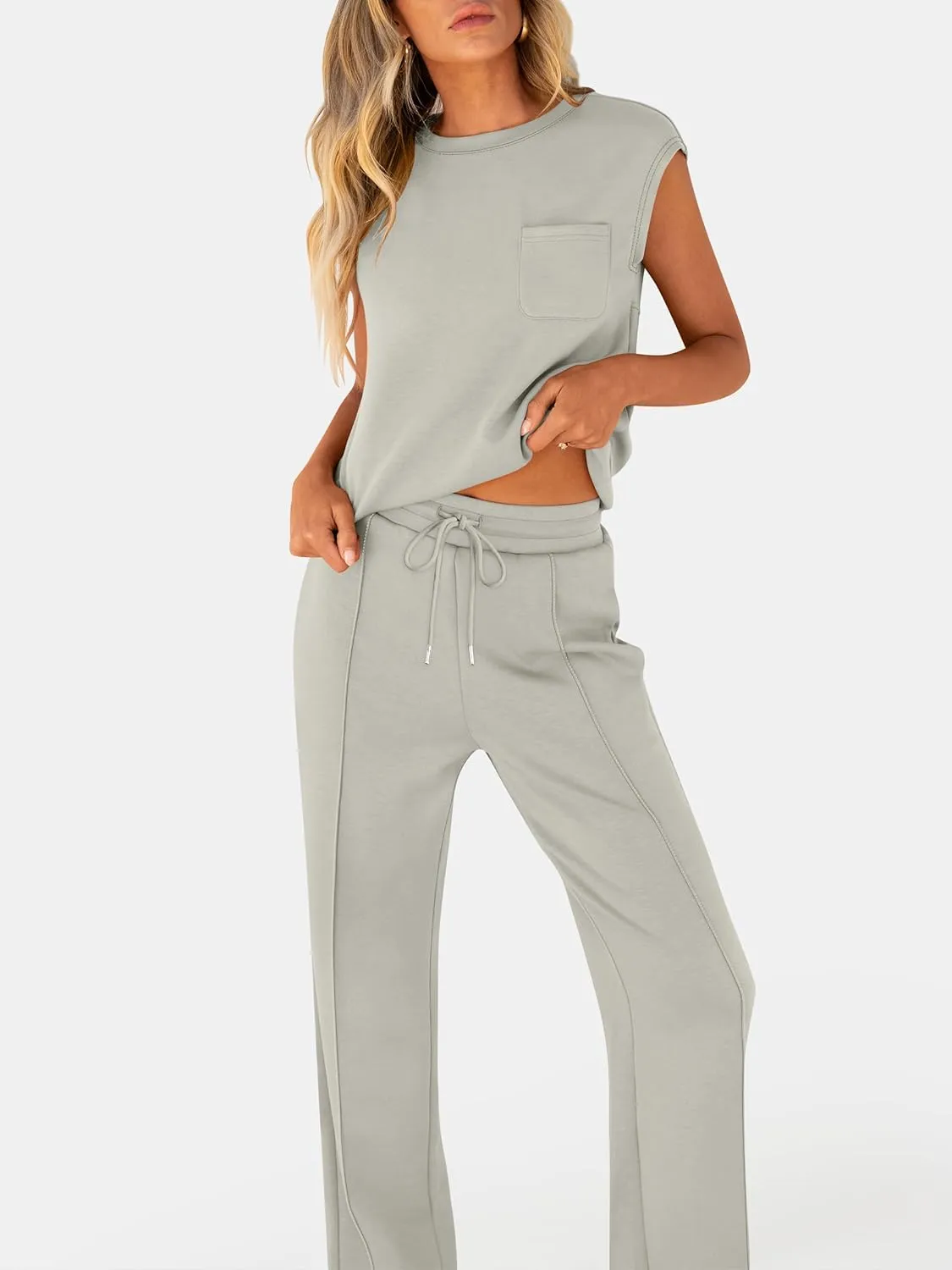 ANRABESS Two Piece Sets for Women Summer Sleeveless Sweatsuits Wide Leg Casual Lounge Set Matching Vacation Travel Outfits