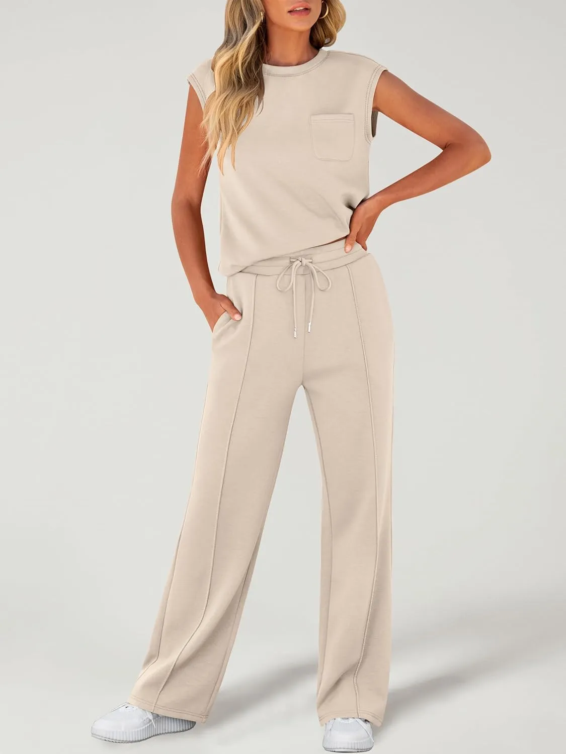 ANRABESS Two Piece Sets for Women Summer Sleeveless Sweatsuits Wide Leg Casual Lounge Set Matching Vacation Travel Outfits