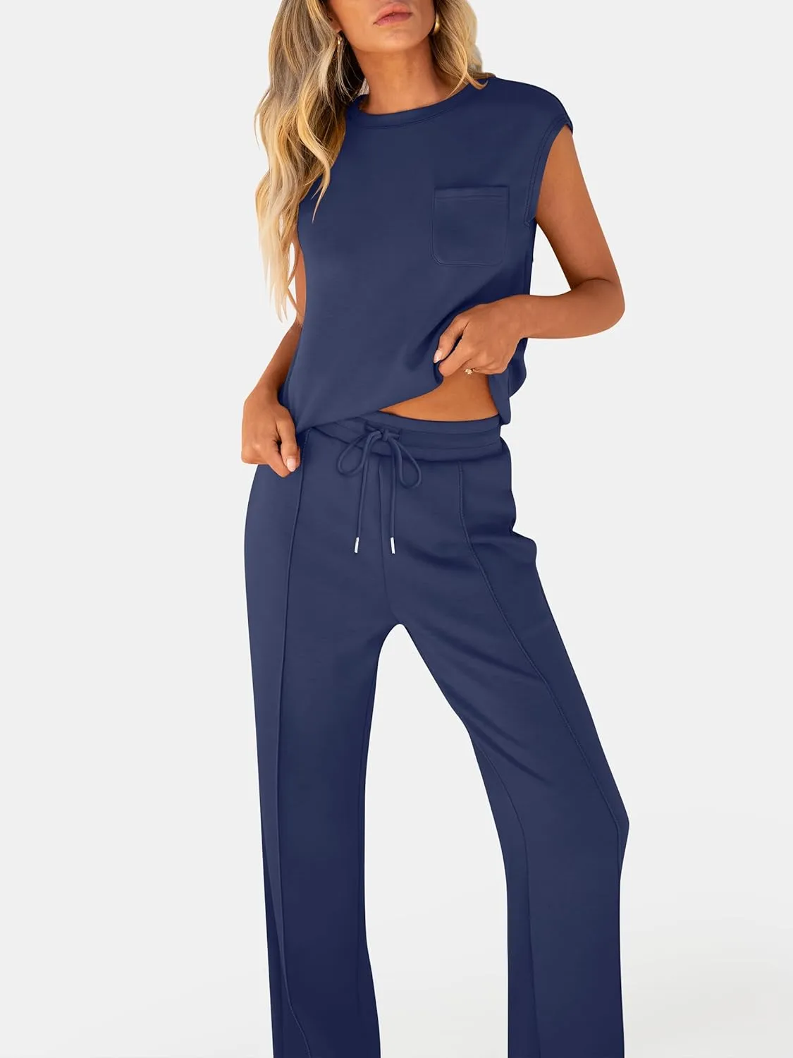 ANRABESS Two Piece Sets for Women Summer Sleeveless Sweatsuits Wide Leg Casual Lounge Set Matching Vacation Travel Outfits