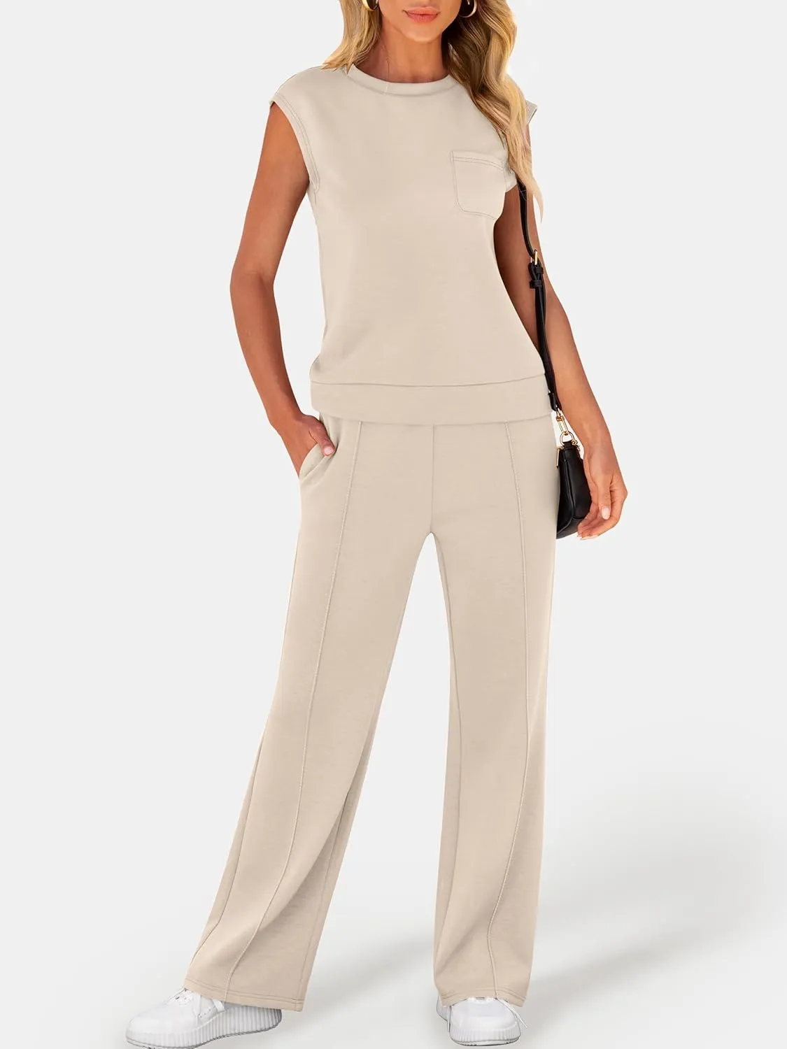 ANRABESS Two Piece Sets for Women Summer Sleeveless Sweatsuits Wide Leg Casual Lounge Set Matching Vacation Travel Outfits