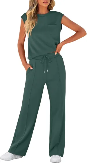 ANRABESS Two Piece Sets for Women Summer Sleeveless Sweatsuits Wide Leg Casual Lounge Set Matching Vacation Travel Outfits