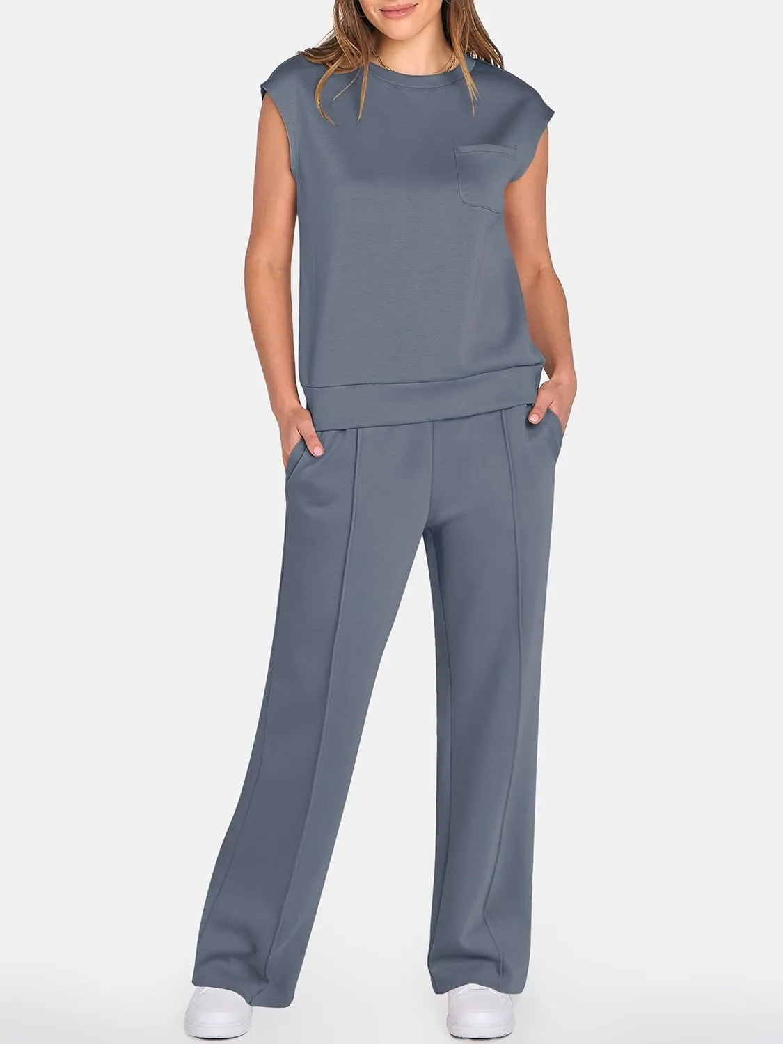 ANRABESS Two Piece Sets for Women Summer Sleeveless Sweatsuits Wide Leg Casual Lounge Set Matching Vacation Travel Outfits