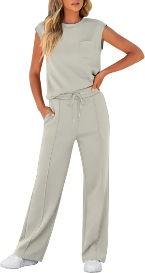 ANRABESS Two Piece Sets for Women Summer Sleeveless Sweatsuits Wide Leg Casual Lounge Set Matching Vacation Travel Outfits