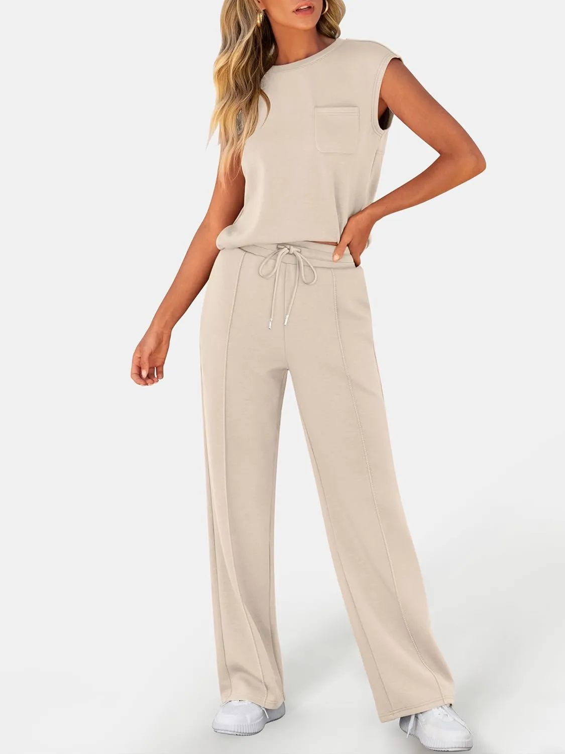 ANRABESS Two Piece Sets for Women Summer Sleeveless Sweatsuits Wide Leg Casual Lounge Set Matching Vacation Travel Outfits