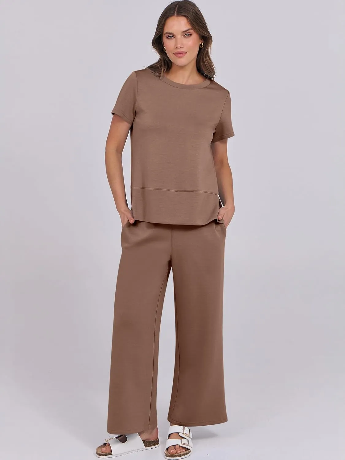 ANRABESS Women 2 Piece Lounge Sets Summer Travel Sweat Outfits Short Sleeve Wide Leg Casual Matching Tracksuits Clothes