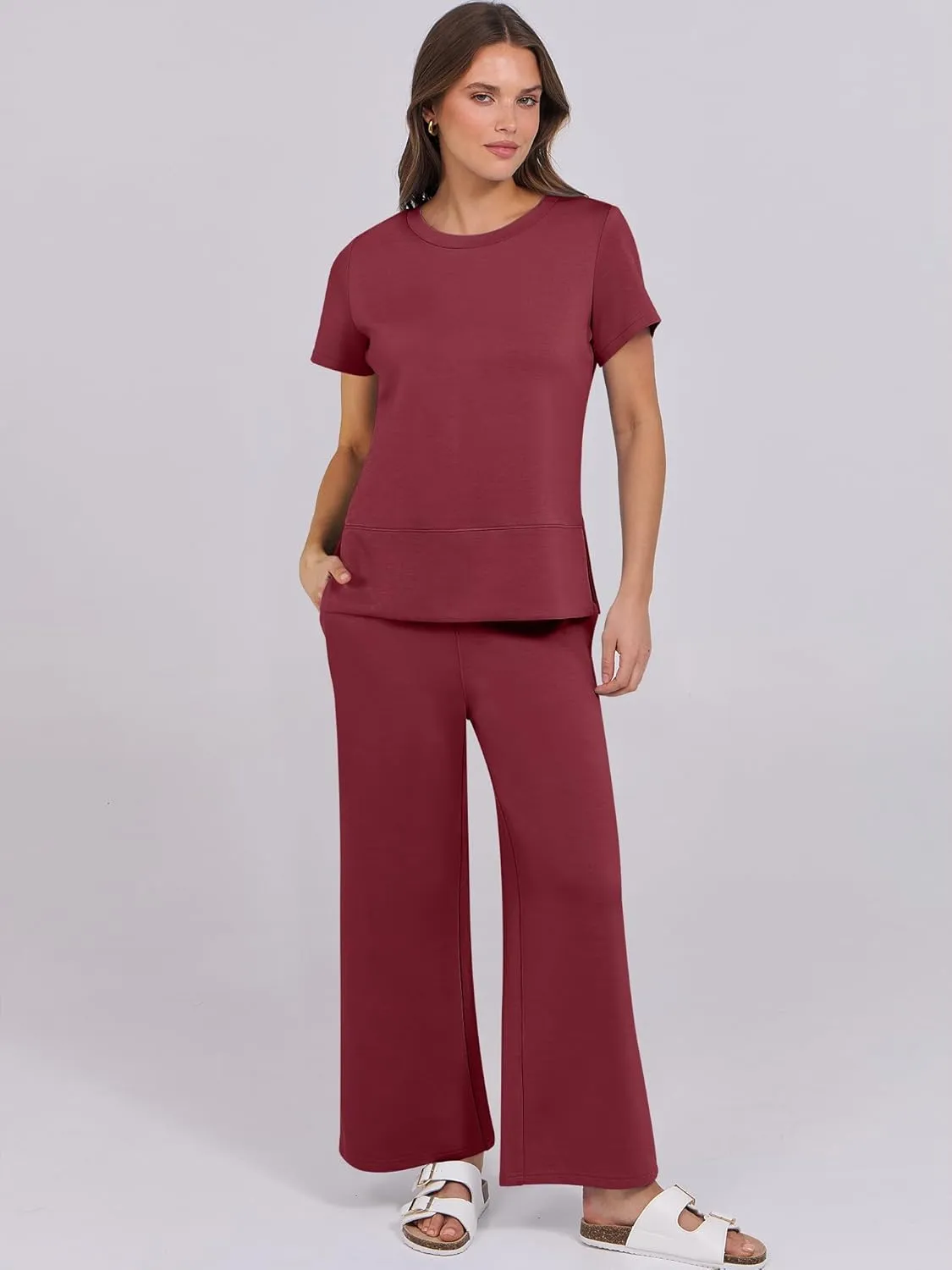ANRABESS Women 2 Piece Lounge Sets Summer Travel Sweat Outfits Short Sleeve Wide Leg Casual Matching Tracksuits Clothes