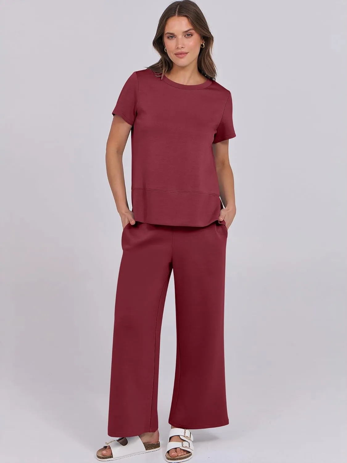 ANRABESS Women 2 Piece Lounge Sets Summer Travel Sweat Outfits Short Sleeve Wide Leg Casual Matching Tracksuits Clothes