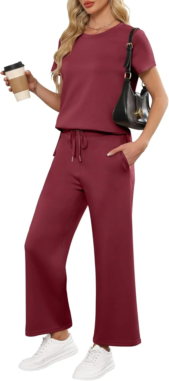 ANRABESS Women 2 Piece Lounge Sets Summer Travel Sweat Outfits Short Sleeve Wide Leg Casual Matching Tracksuits Clothes