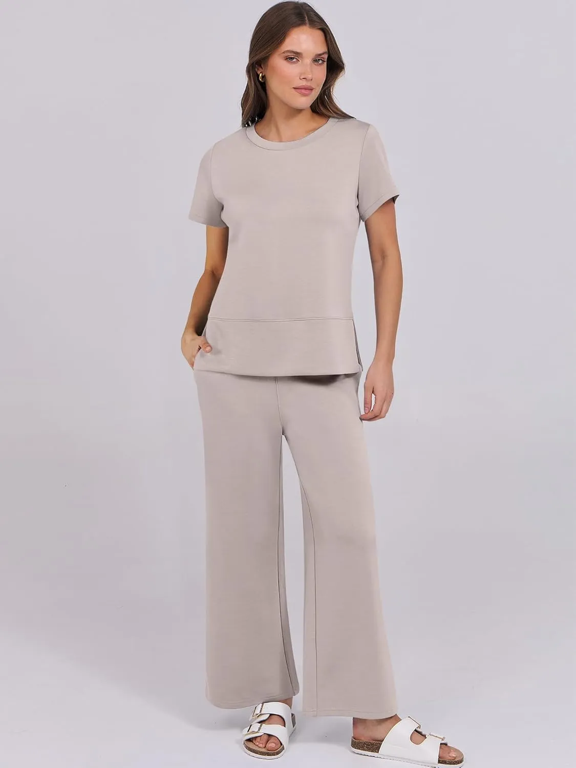 ANRABESS Women 2 Piece Lounge Sets Summer Travel Sweat Outfits Short Sleeve Wide Leg Casual Matching Tracksuits Clothes