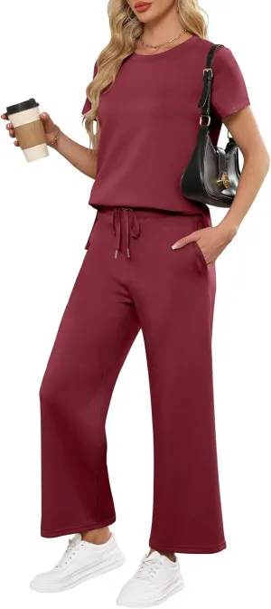 ANRABESS Women 2 Piece Lounge Sets Summer Travel Sweat Outfits Short Sleeve Wide Leg Casual Matching Tracksuits Clothes