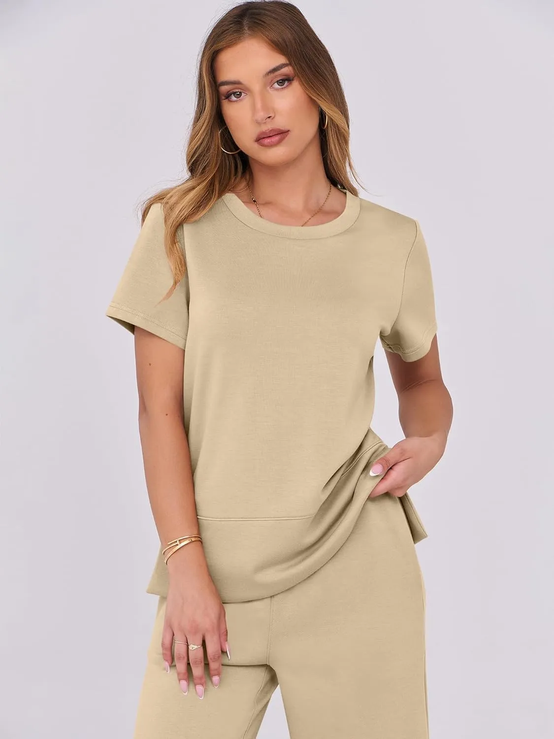 ANRABESS Women 2 Piece Lounge Sets Summer Travel Sweat Outfits Short Sleeve Wide Leg Casual Matching Tracksuits Clothes