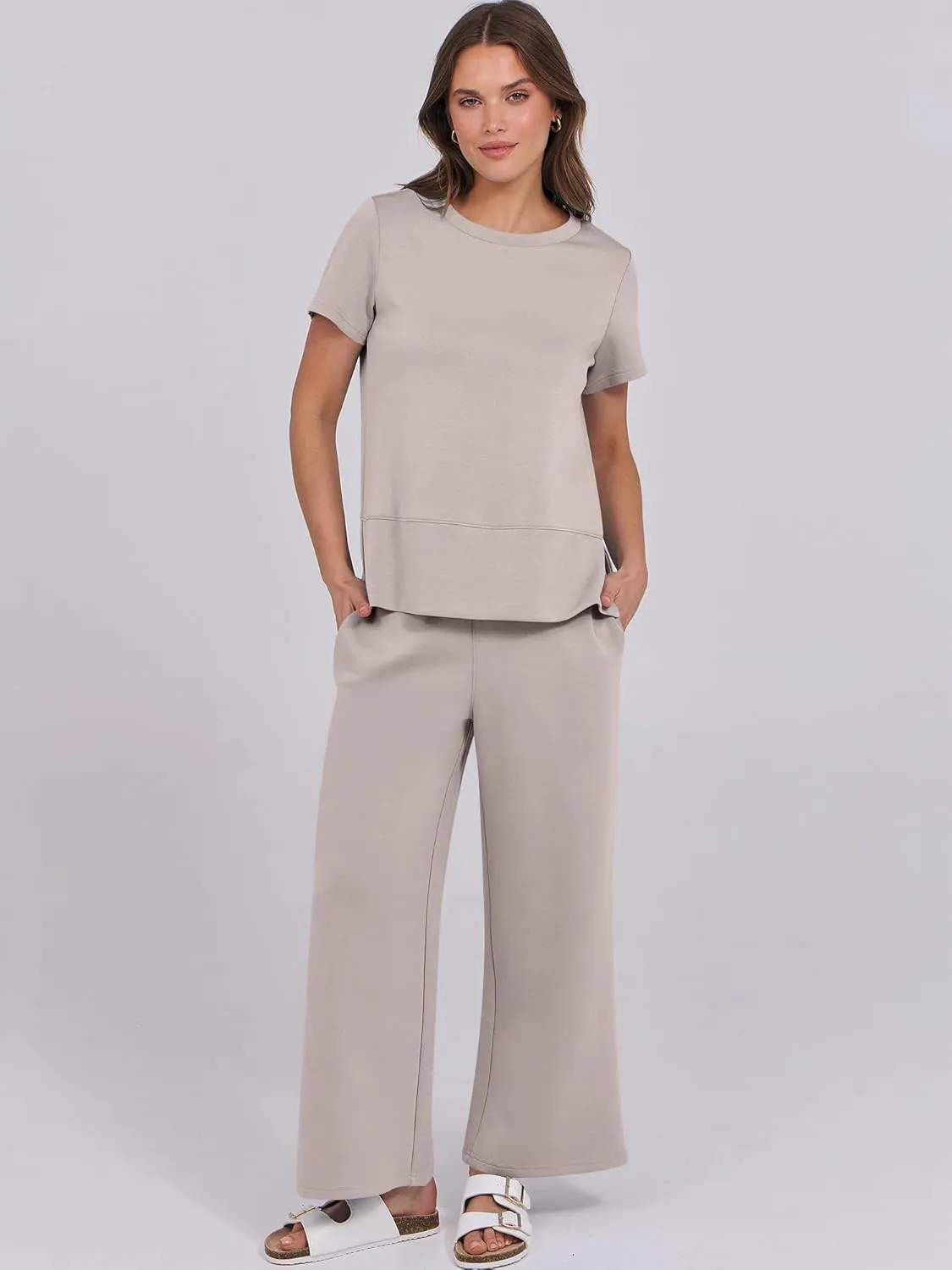 ANRABESS Women 2 Piece Lounge Sets Summer Travel Sweat Outfits Short Sleeve Wide Leg Casual Matching Tracksuits Clothes