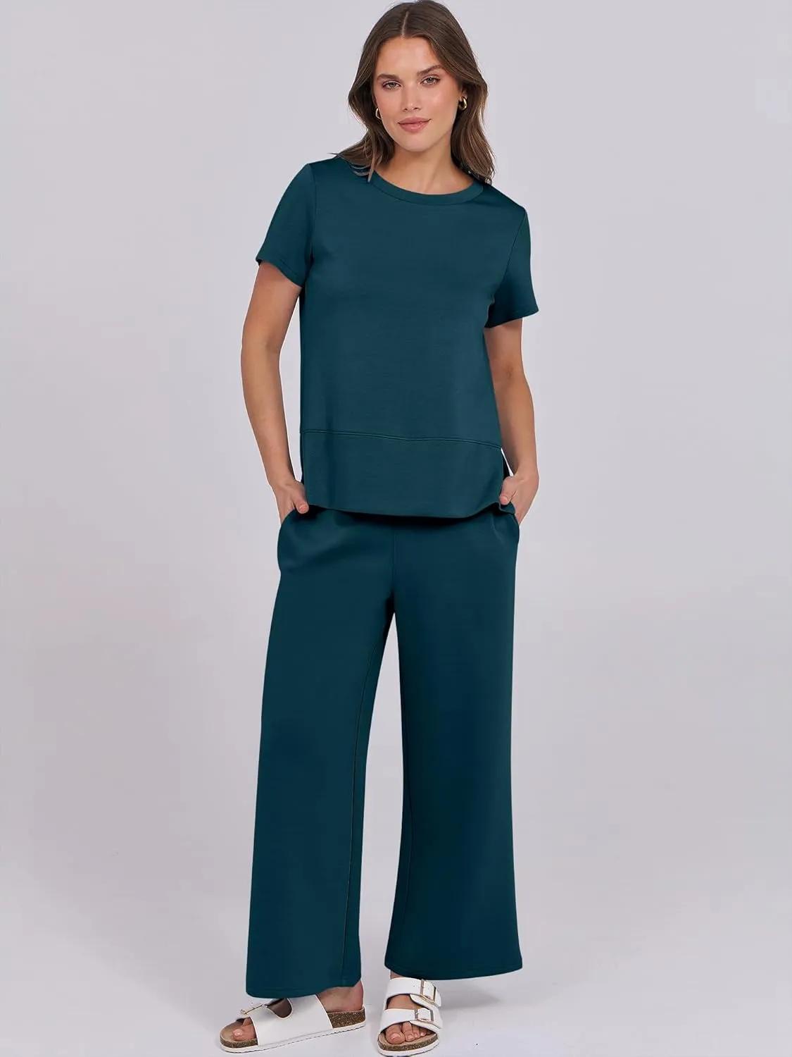 ANRABESS Women 2 Piece Lounge Sets Summer Travel Sweat Outfits Short Sleeve Wide Leg Casual Matching Tracksuits Clothes