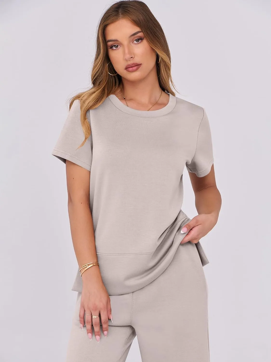 ANRABESS Women 2 Piece Lounge Sets Summer Travel Sweat Outfits Short Sleeve Wide Leg Casual Matching Tracksuits Clothes