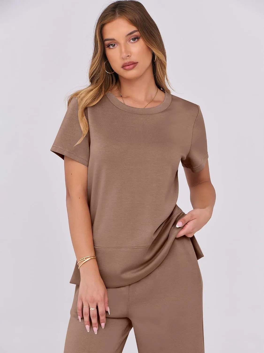 ANRABESS Women 2 Piece Lounge Sets Summer Travel Sweat Outfits Short Sleeve Wide Leg Casual Matching Tracksuits Clothes