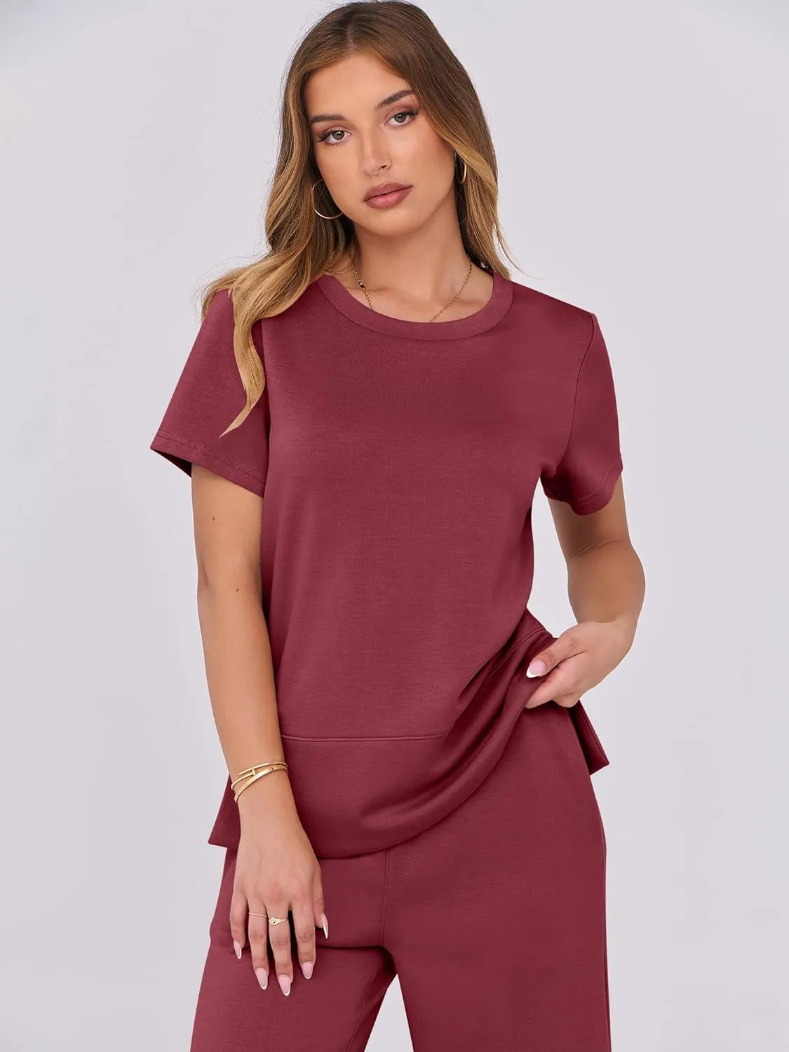 ANRABESS Women 2 Piece Lounge Sets Summer Travel Sweat Outfits Short Sleeve Wide Leg Casual Matching Tracksuits Clothes