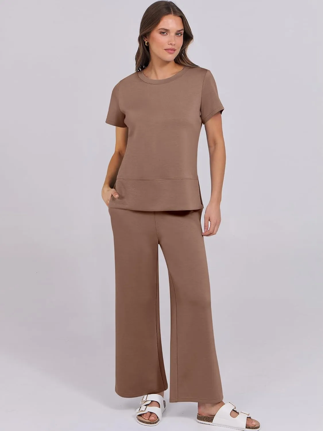 ANRABESS Women 2 Piece Lounge Sets Summer Travel Sweat Outfits Short Sleeve Wide Leg Casual Matching Tracksuits Clothes