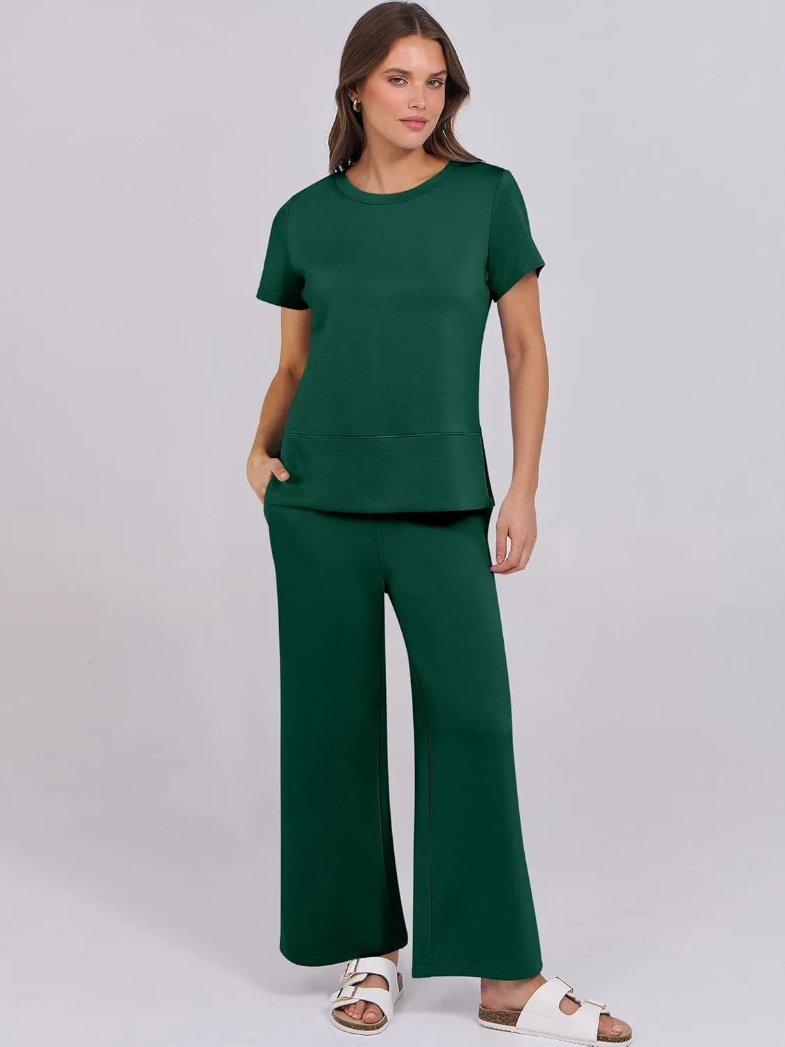 ANRABESS Women 2 Piece Lounge Sets Summer Travel Sweat Outfits Short Sleeve Wide Leg Casual Matching Tracksuits Clothes