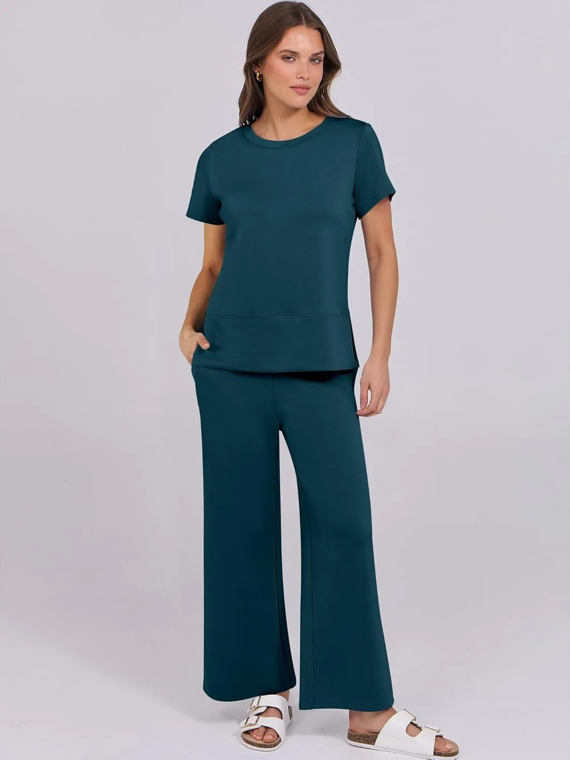 ANRABESS Women 2 Piece Lounge Sets Summer Travel Sweat Outfits Short Sleeve Wide Leg Casual Matching Tracksuits Clothes