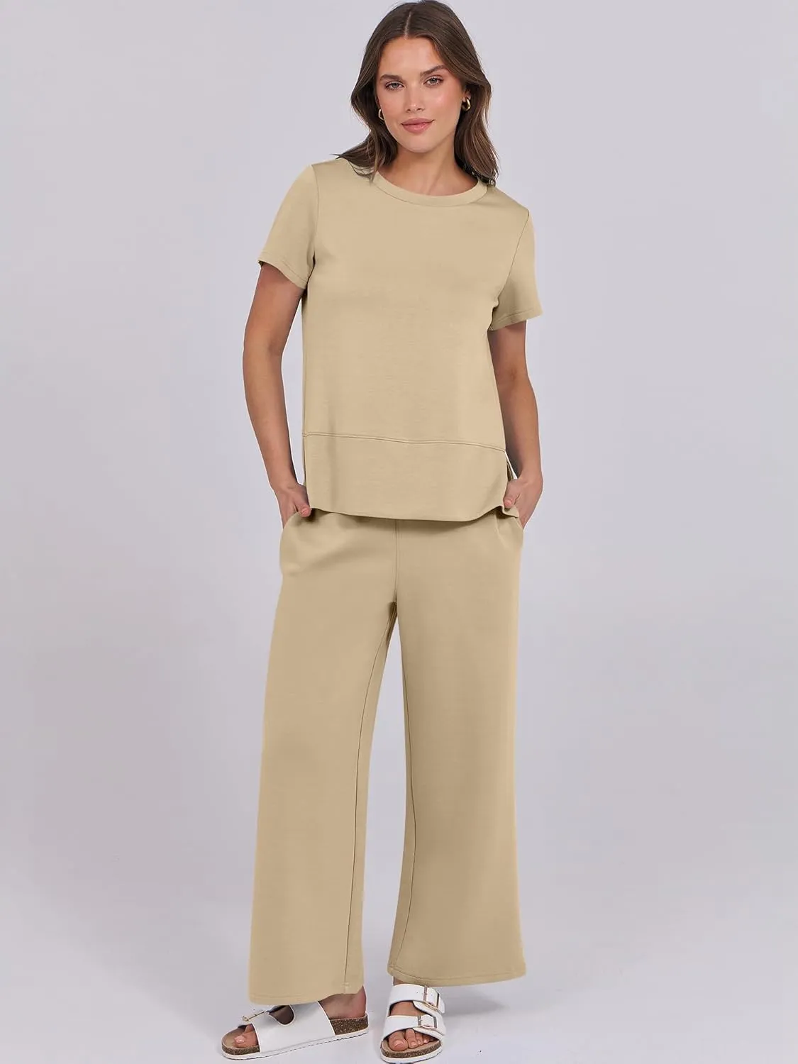 ANRABESS Women 2 Piece Lounge Sets Summer Travel Sweat Outfits Short Sleeve Wide Leg Casual Matching Tracksuits Clothes