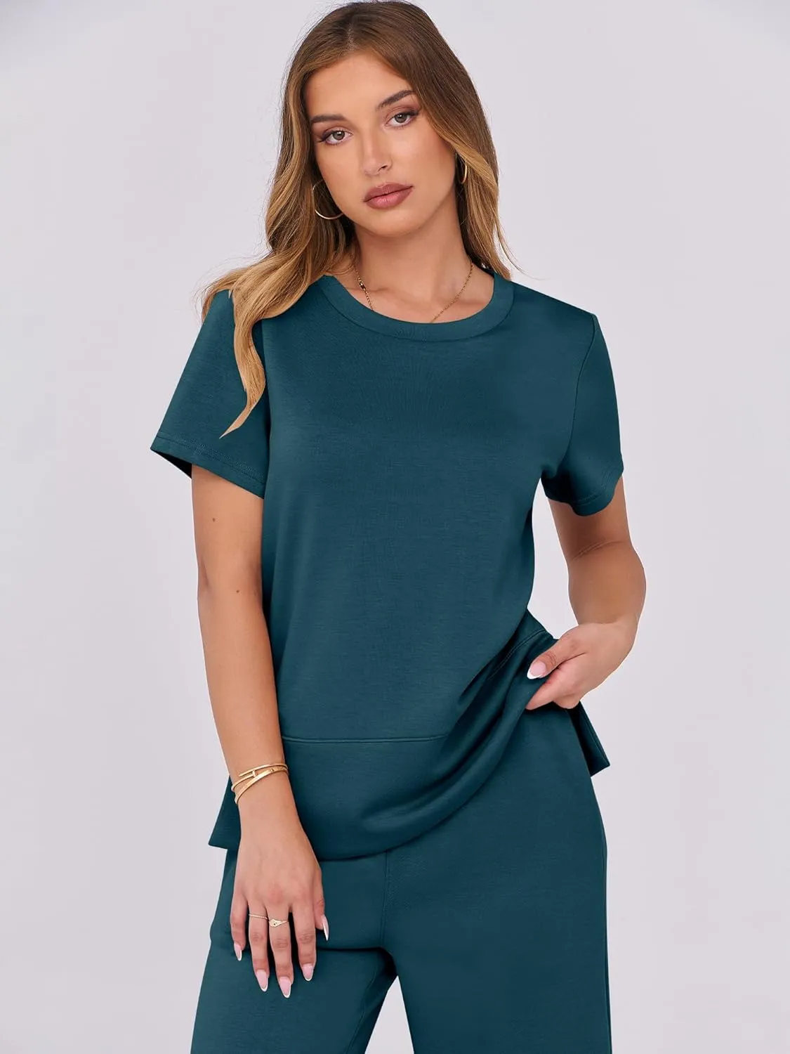 ANRABESS Women 2 Piece Lounge Sets Summer Travel Sweat Outfits Short Sleeve Wide Leg Casual Matching Tracksuits Clothes