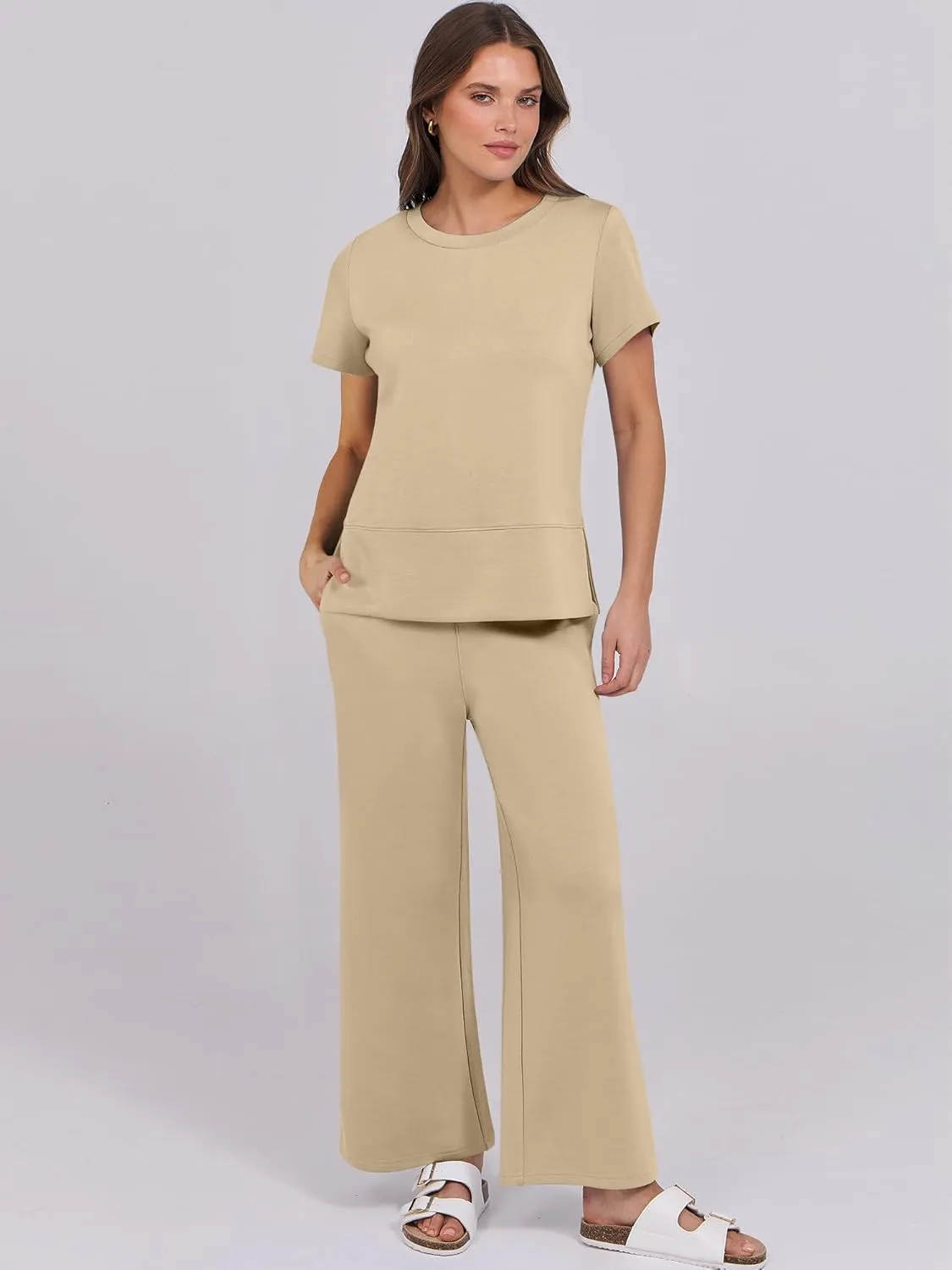 ANRABESS Women 2 Piece Lounge Sets Summer Travel Sweat Outfits Short Sleeve Wide Leg Casual Matching Tracksuits Clothes