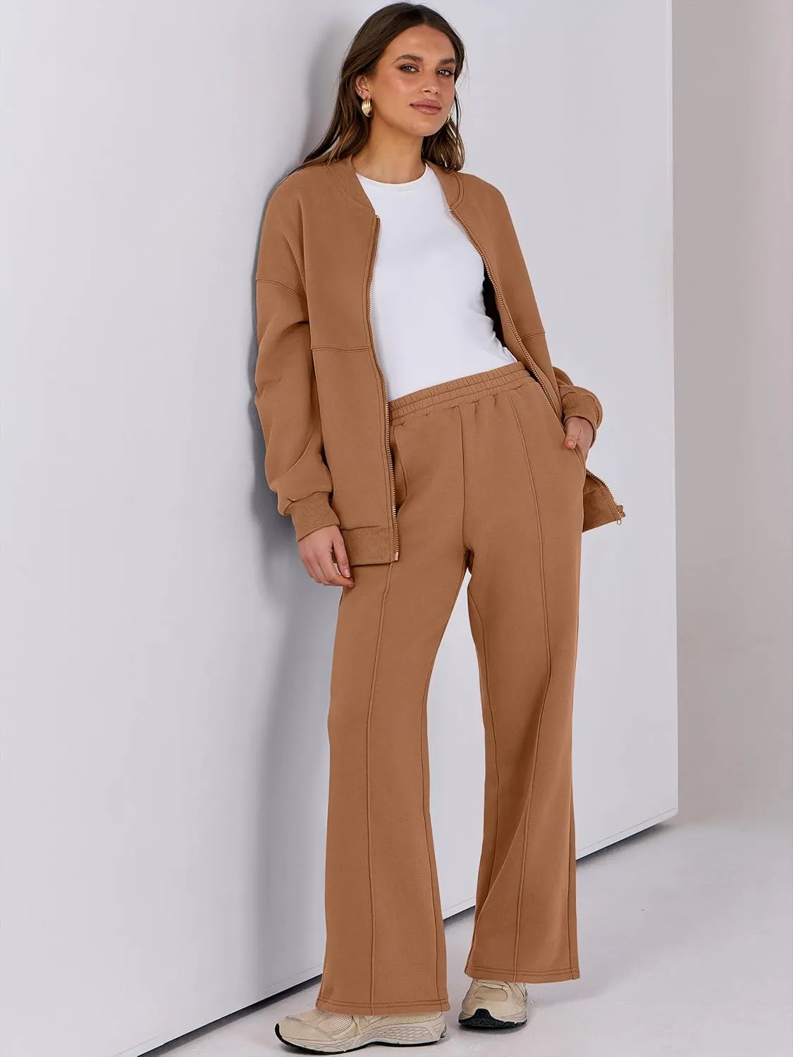 ANRABESS Women 2 Piece Outfits Lounge Set Oversized Zip Up Sweatshirt Jacket Sweatpant Matching Sweat Sets Winter Sweatsuits