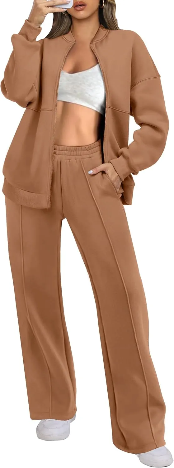 ANRABESS Women 2 Piece Outfits Lounge Set Oversized Zip Up Sweatshirt Jacket Sweatpant Matching Sweat Sets Winter Sweatsuits
