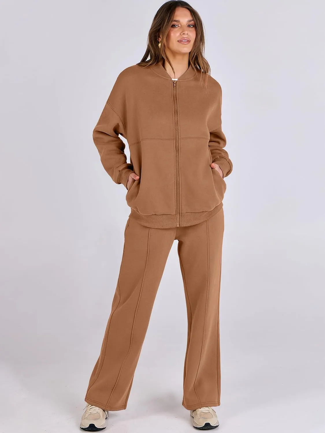 ANRABESS Women 2 Piece Outfits Lounge Set Oversized Zip Up Sweatshirt Jacket Sweatpant Matching Sweat Sets Winter Sweatsuits