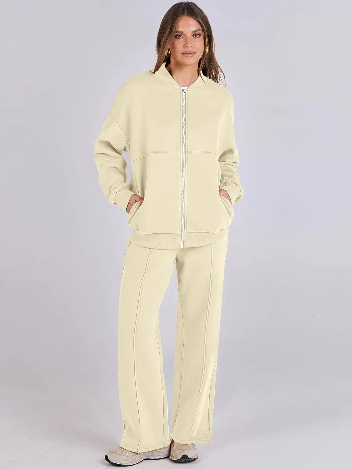 ANRABESS Women 2 Piece Outfits Lounge Set Oversized Zip Up Sweatshirt Jacket Sweatpant Matching Sweat Sets Winter Sweatsuits
