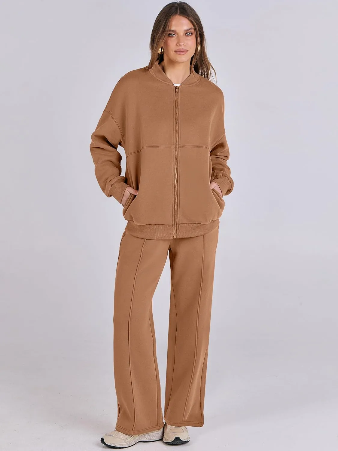 ANRABESS Women 2 Piece Outfits Lounge Set Oversized Zip Up Sweatshirt Jacket Sweatpant Matching Sweat Sets Winter Sweatsuits