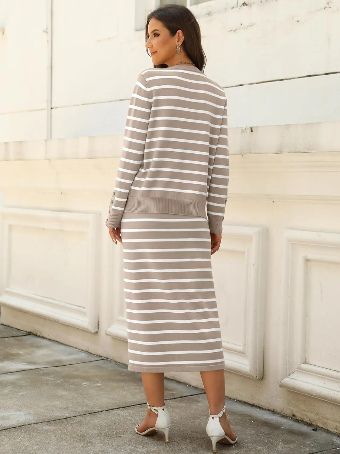 ANRABESS Women 2 Piece Outfits Striped Sweater Skirt Sets 2025 Fall Casual Long Sleeve Pullover Top Lounge Travel Midi Dress
