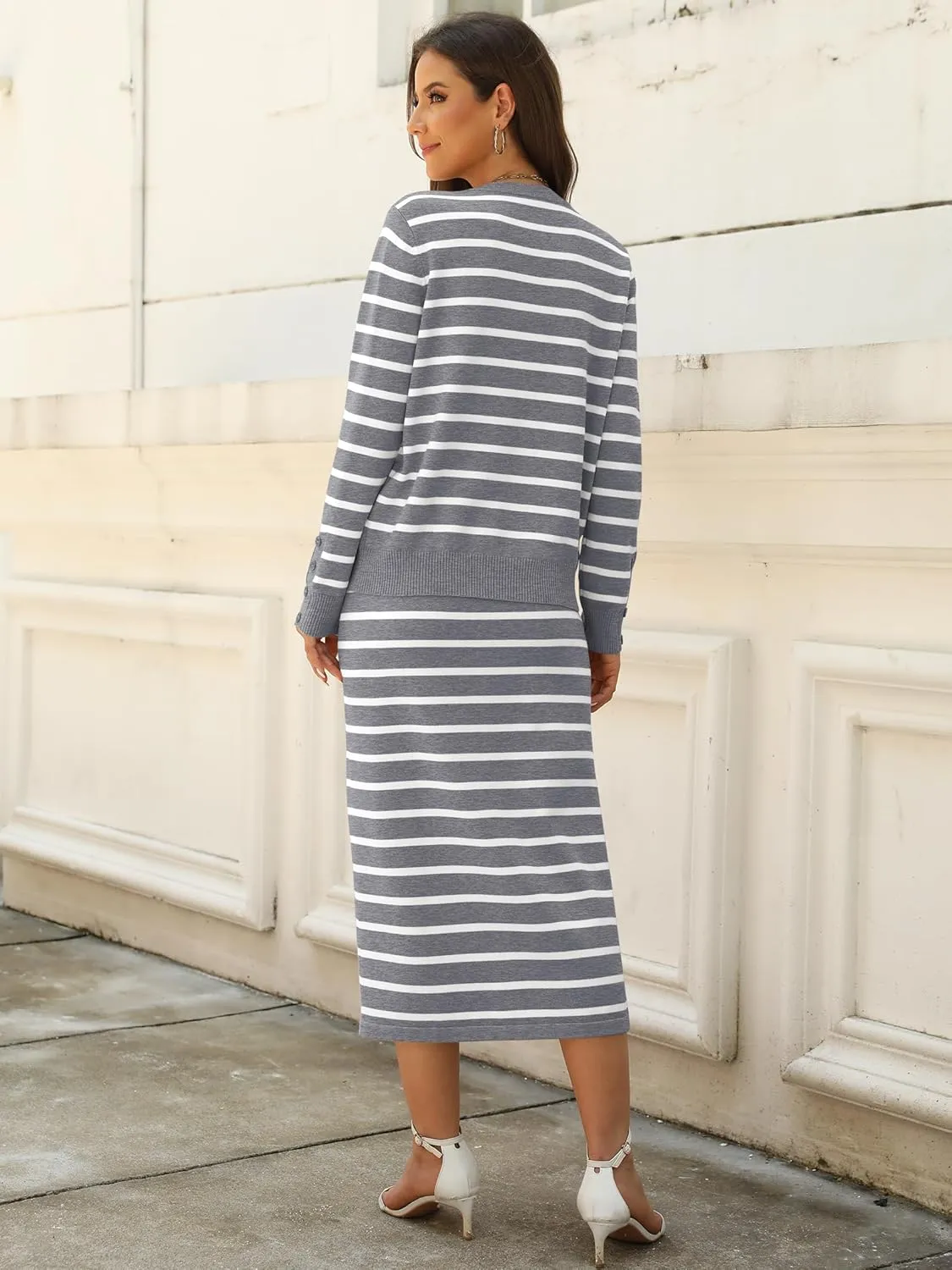 ANRABESS Women 2 Piece Outfits Striped Sweater Skirt Sets 2025 Fall Casual Long Sleeve Pullover Top Lounge Travel Midi Dress