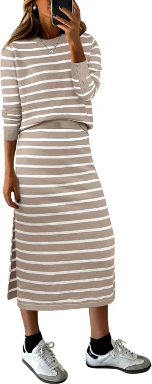ANRABESS Women 2 Piece Outfits Striped Sweater Skirt Sets 2025 Fall Casual Long Sleeve Pullover Top Lounge Travel Midi Dress
